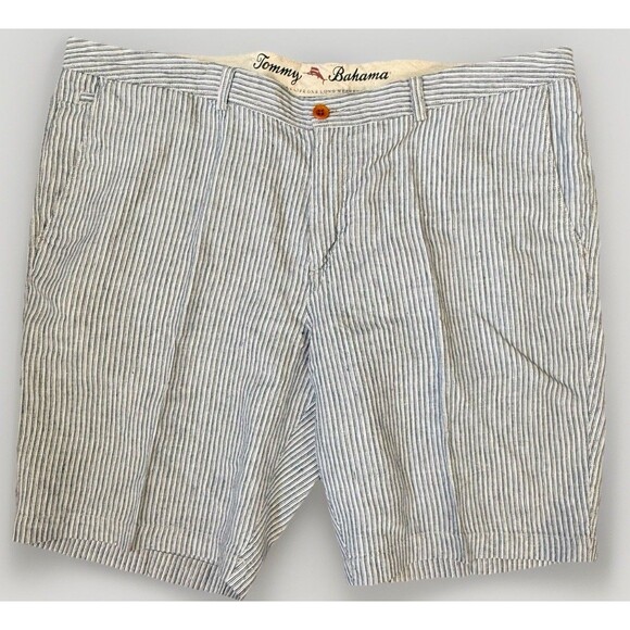 Tommy Bahama 100% Linen Striped Shorts Mens 42 White/Blue Outdoors Beach Preppy - Picture 1 of 6